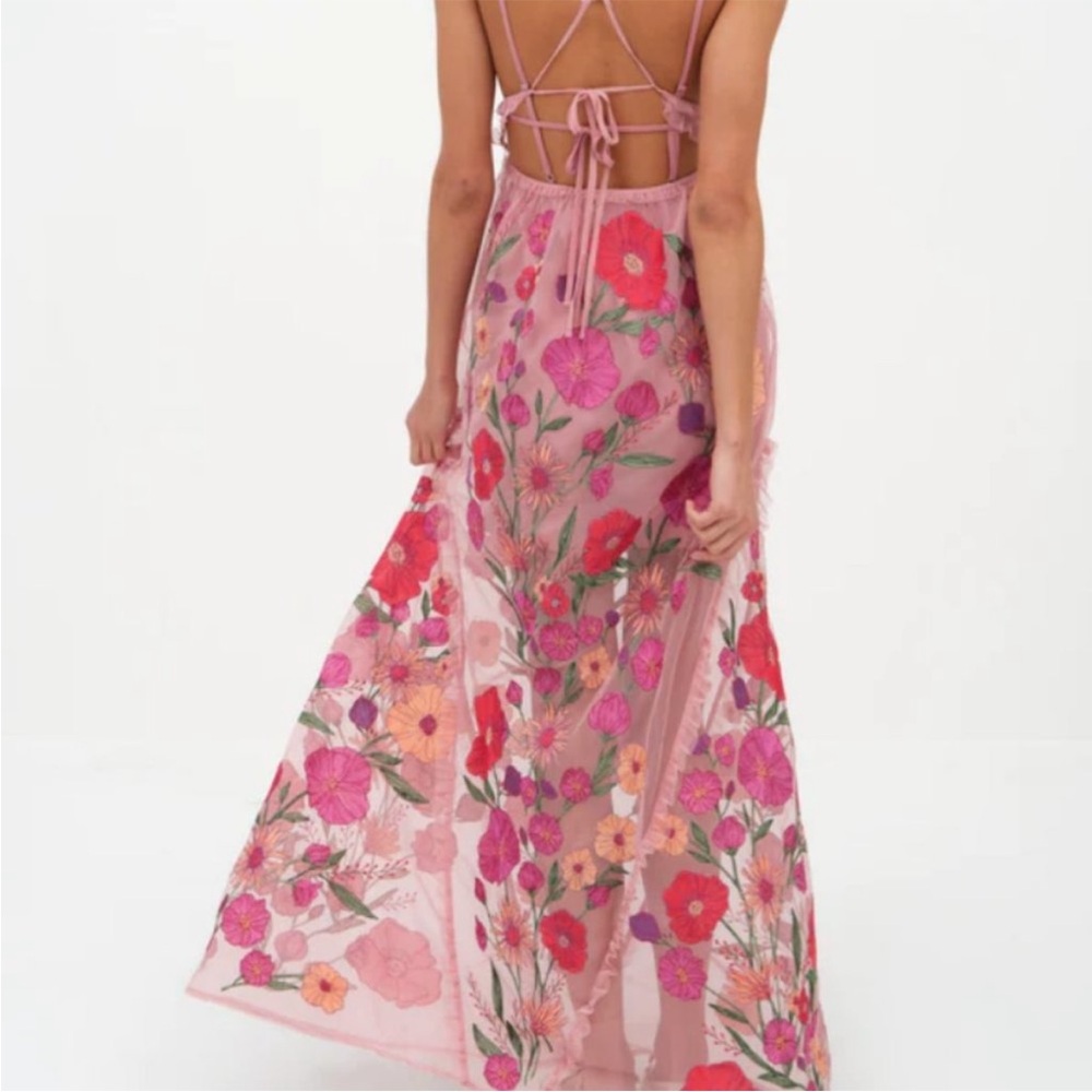 For Love & Lemons Pink Floral Embroidered Tulle Maxi Dress - Picture 3 of 4